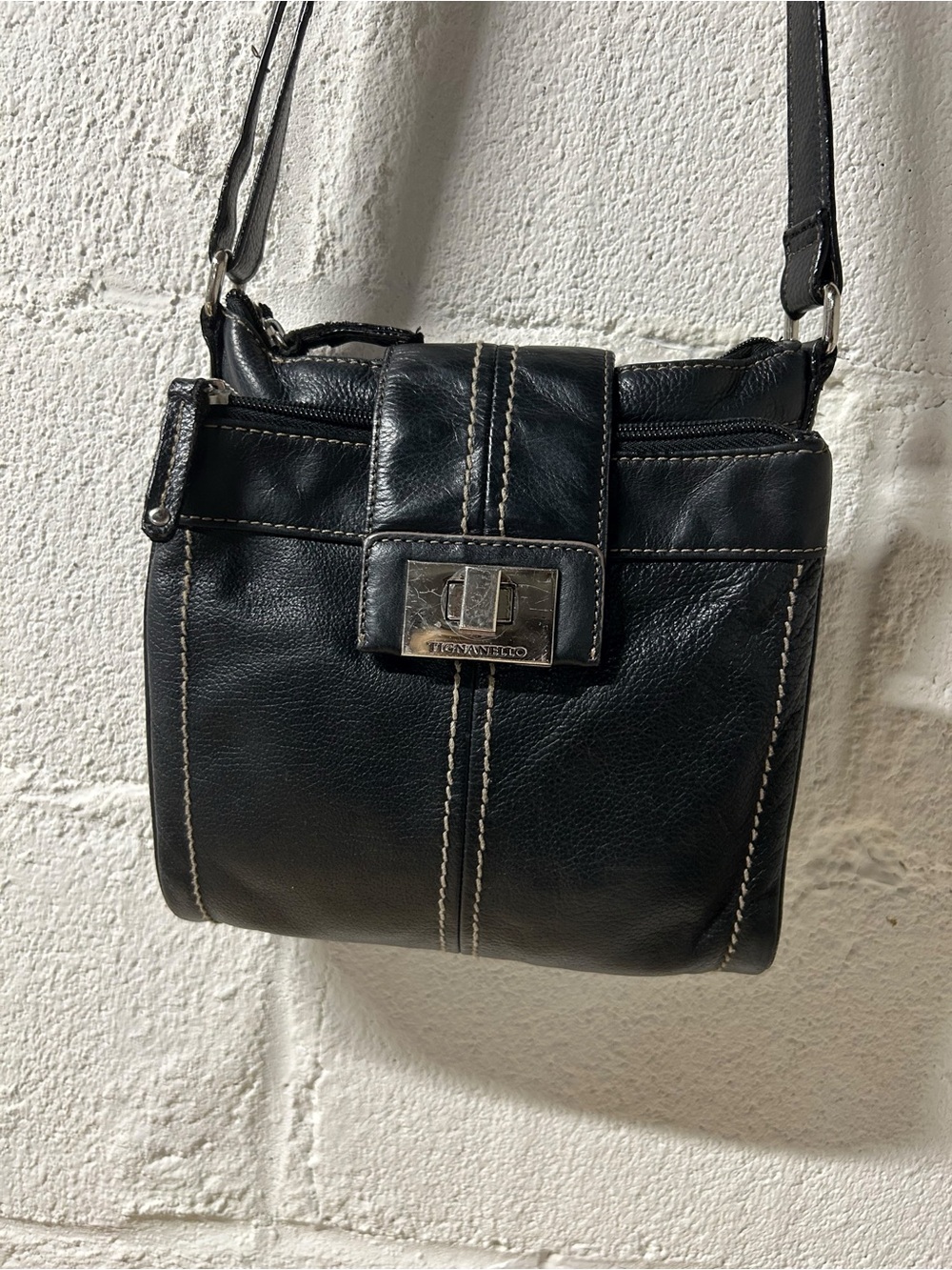 Tignanello Soft Black Genuine Leather Crossbody Organizer Bag Medium Size, VTG